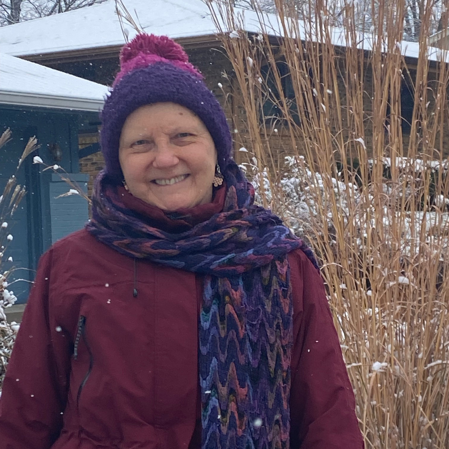Dianne Clemens smiling wearing a hat and scarf in the snow