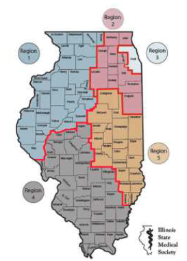 County Map of Illinois divided by regions