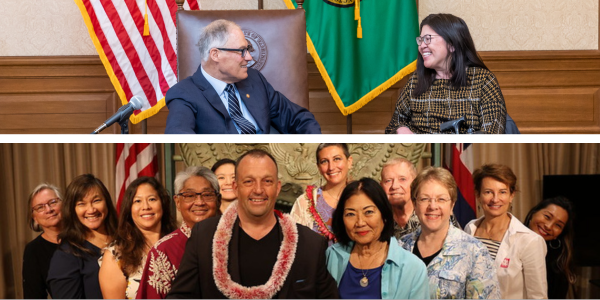 top - image of Washington's governor sitting with a woman in a government building. bottom - several people stand together to celebrate victory in hawaii