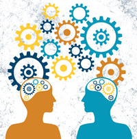 a graphic image showing two people looking at each others with gears both in their brains as well as outside their heads
